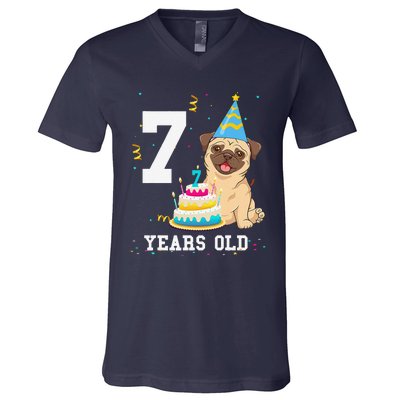 7 Years Old Birthday Pug Dog Lover Party V-Neck T-Shirt