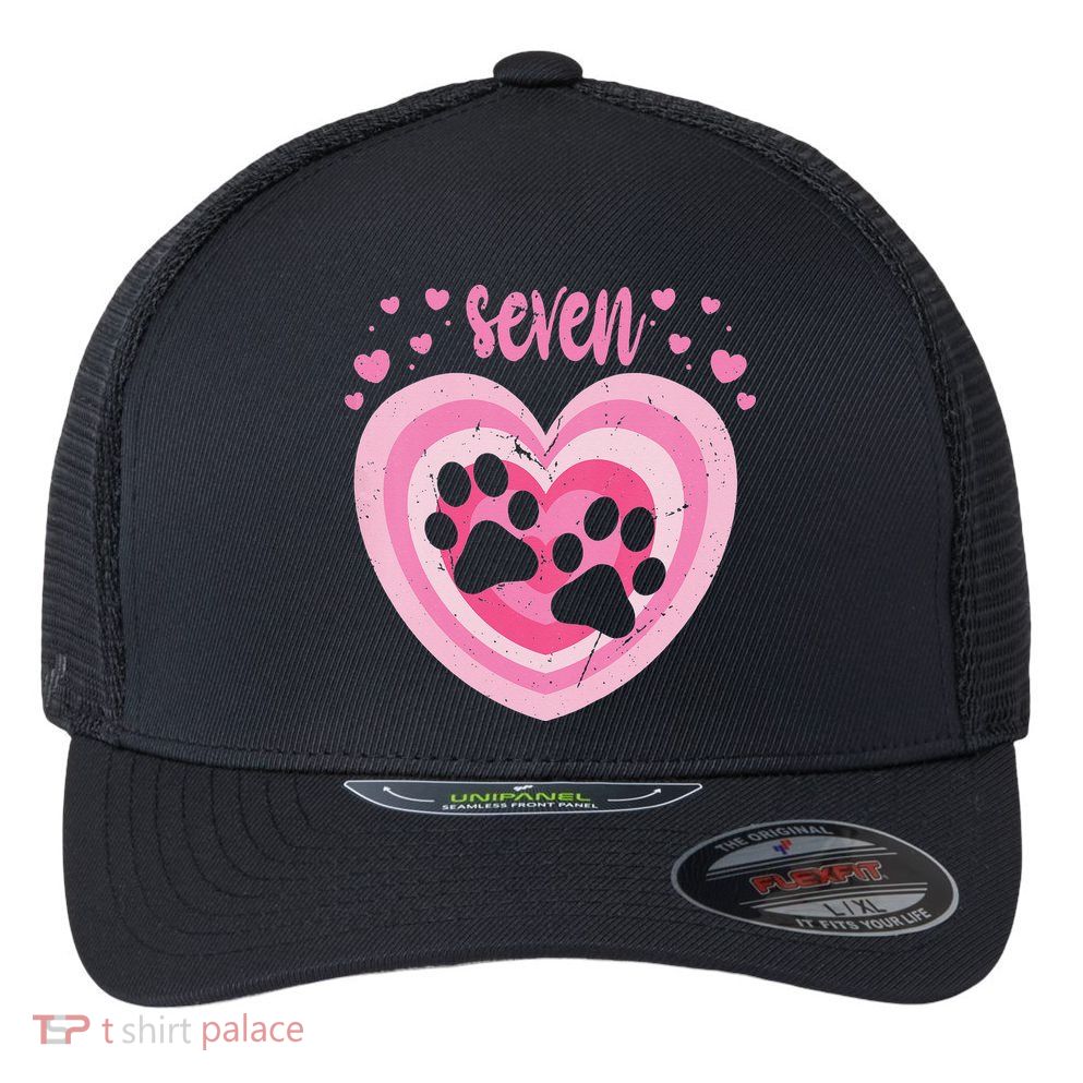 7 Year Old Cute Dog Paw Birthday 7th Bday Flexfit Unipanel Trucker Cap