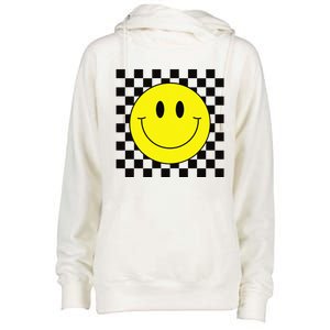 70s Yellow Smile Face Cute Checkered Smiling Happy Womens Funnel Neck Pullover Hood