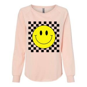 70s Yellow Smile Face Cute Checkered Smiling Happy Womens California Wash Sweatshirt