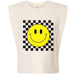 70s Yellow Smile Face Cute Checkered Smiling Happy Garment-Dyed Women's Muscle Tee