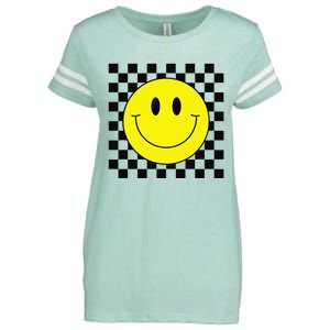 70s Yellow Smile Face Cute Checkered Smiling Happy Enza Ladies Jersey Football T-Shirt