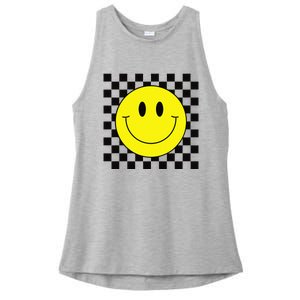 70s Yellow Smile Face Cute Checkered Smiling Happy Ladies PosiCharge Tri-Blend Wicking Tank