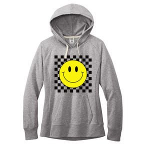 70s Yellow Smile Face Cute Checkered Smiling Happy Women's Fleece Hoodie