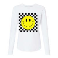 70s Yellow Smile Face Cute Checkered Smiling Happy Womens Cotton Relaxed Long Sleeve T-Shirt