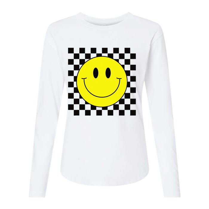 70s Yellow Smile Face Cute Checkered Smiling Happy Womens Cotton Relaxed Long Sleeve T-Shirt