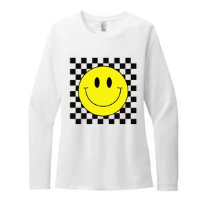 70s Yellow Smile Face Cute Checkered Smiling Happy Womens CVC Long Sleeve Shirt