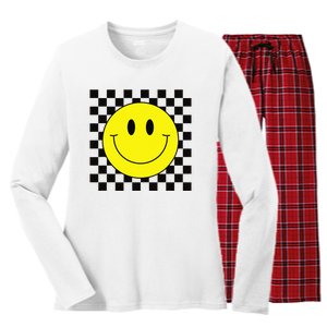 70s Yellow Smile Face Cute Checkered Smiling Happy Women's Long Sleeve Flannel Pajama Set 