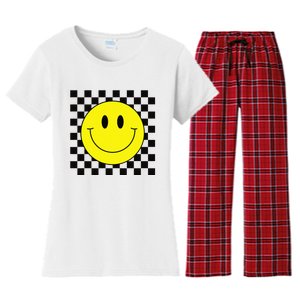 70s Yellow Smile Face Cute Checkered Smiling Happy Women's Flannel Pajama Set