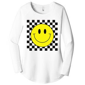 70s Yellow Smile Face Cute Checkered Smiling Happy Women's Perfect Tri Tunic Long Sleeve Shirt