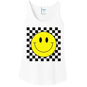 70s Yellow Smile Face Cute Checkered Smiling Happy Ladies Essential Tank