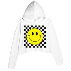 70s Yellow Smile Face Cute Checkered Smiling Happy Crop Fleece Hoodie