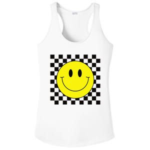 70s Yellow Smile Face Cute Checkered Smiling Happy Ladies PosiCharge Competitor Racerback Tank