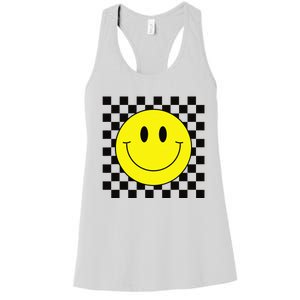 70s Yellow Smile Face Cute Checkered Smiling Happy Women's Racerback Tank