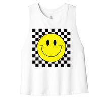 70s Yellow Smile Face Cute Checkered Smiling Happy Women's Racerback Cropped Tank