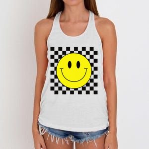 70s Yellow Smile Face Cute Checkered Smiling Happy Women's Knotted Racerback Tank