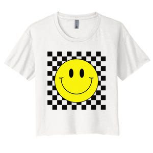 70s Yellow Smile Face Cute Checkered Smiling Happy Women's Crop Top Tee