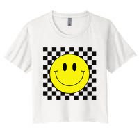 70s Yellow Smile Face Cute Checkered Smiling Happy Women's Crop Top Tee