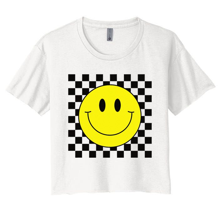 70s Yellow Smile Face Cute Checkered Smiling Happy Women's Crop Top Tee