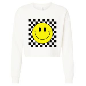 70s Yellow Smile Face Cute Checkered Smiling Happy Cropped Pullover Crew