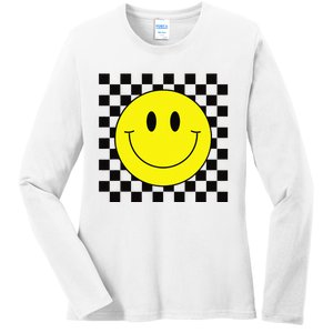 70s Yellow Smile Face Cute Checkered Smiling Happy Ladies Long Sleeve Shirt