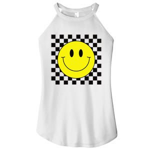 70s Yellow Smile Face Cute Checkered Smiling Happy Women's Perfect Tri Rocker Tank