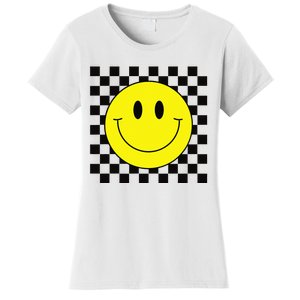 70s Yellow Smile Face Cute Checkered Smiling Happy Women's T-Shirt