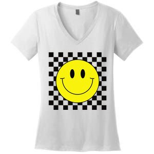 70s Yellow Smile Face Cute Checkered Smiling Happy Women's V-Neck T-Shirt