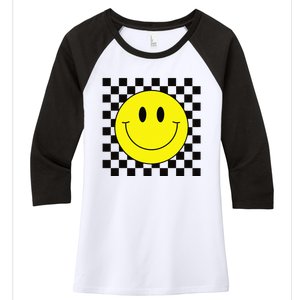 70s Yellow Smile Face Cute Checkered Smiling Happy Women's Tri-Blend 3/4-Sleeve Raglan Shirt