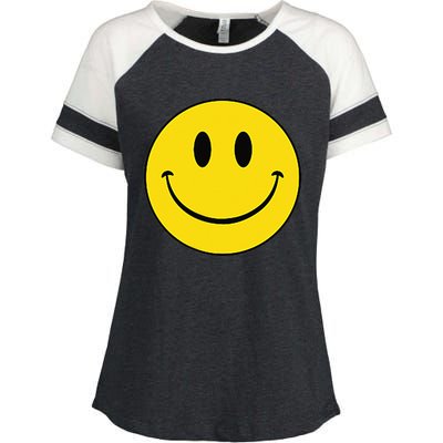 70s Yellow Smile Face Cute Happy Peace Smiling Face Enza Ladies Jersey Colorblock Tee