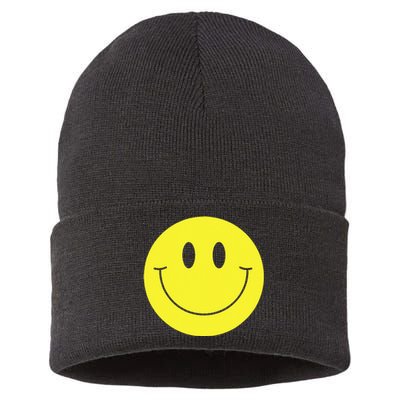 70s Yellow Smile Face Cute Happy Peace Smiling Face Sustainable Knit Beanie