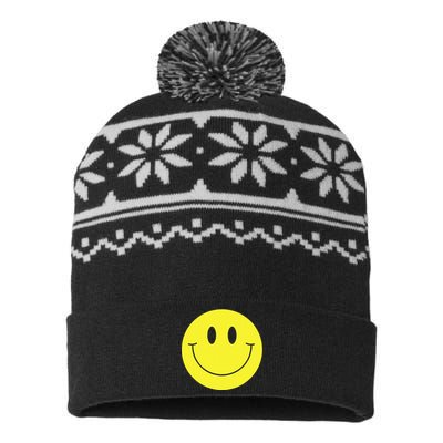 70s Yellow Smile Face Cute Happy Peace Smiling Face USA-Made Snowflake Beanie