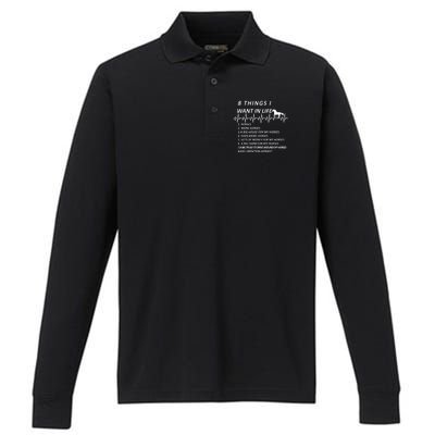 8 Things I Want In Life Horses Funny Performance Long Sleeve Polo