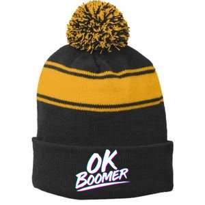 80's Retro Ok Boomer Stripe Pom Pom Beanie