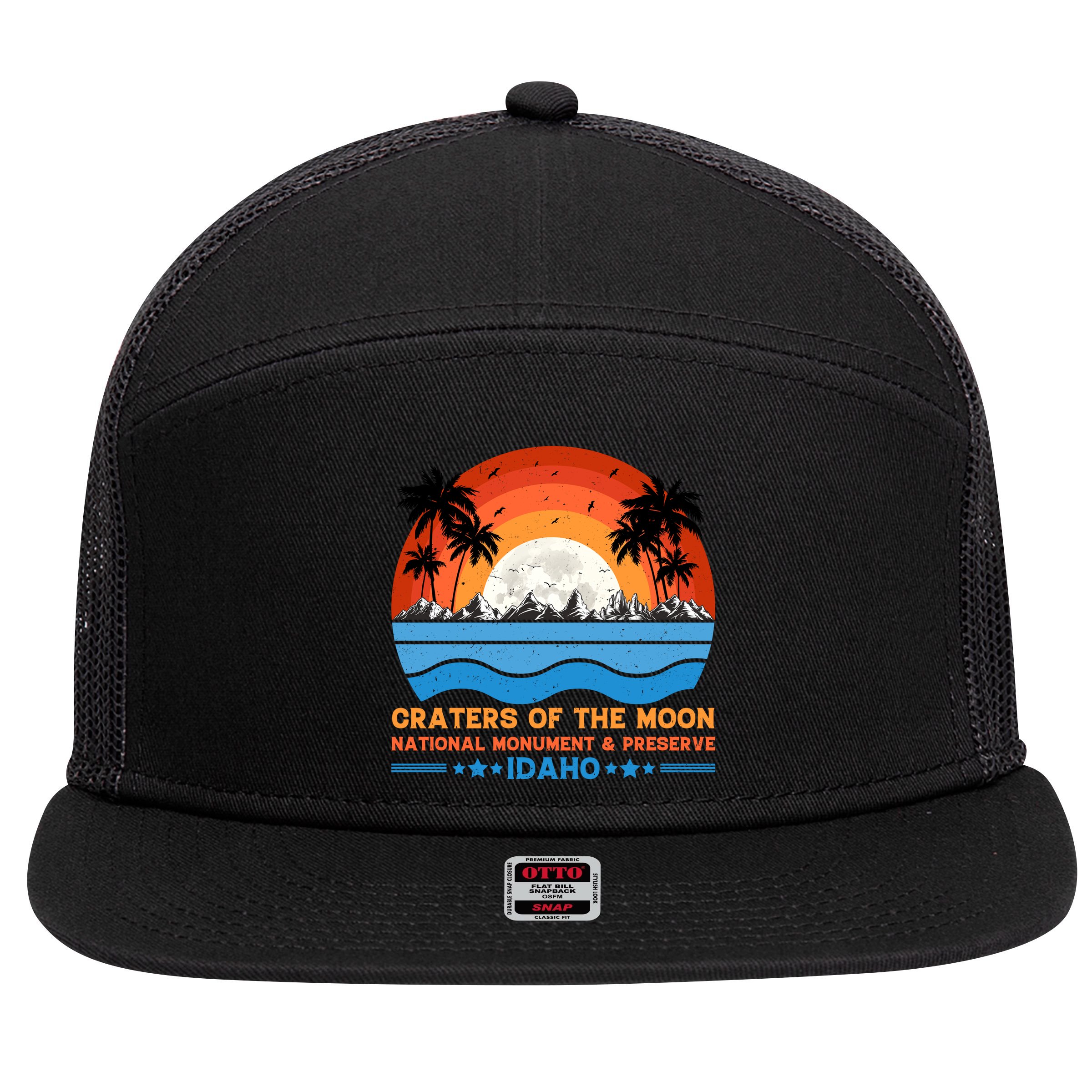 80s 90s Retro Sunset Distressed Craters Of The Moon National Monument Idaho 7 Panel Mesh Trucker Snapback Hat