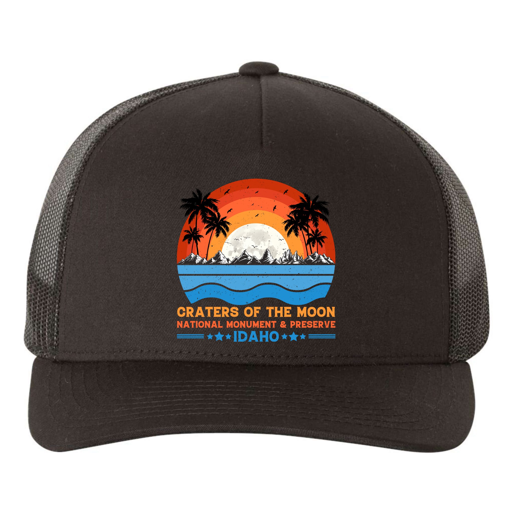 80s 90s Retro Sunset Distressed Craters Of The Moon National Monument Idaho Yupoong Adult 5-Panel Trucker Hat