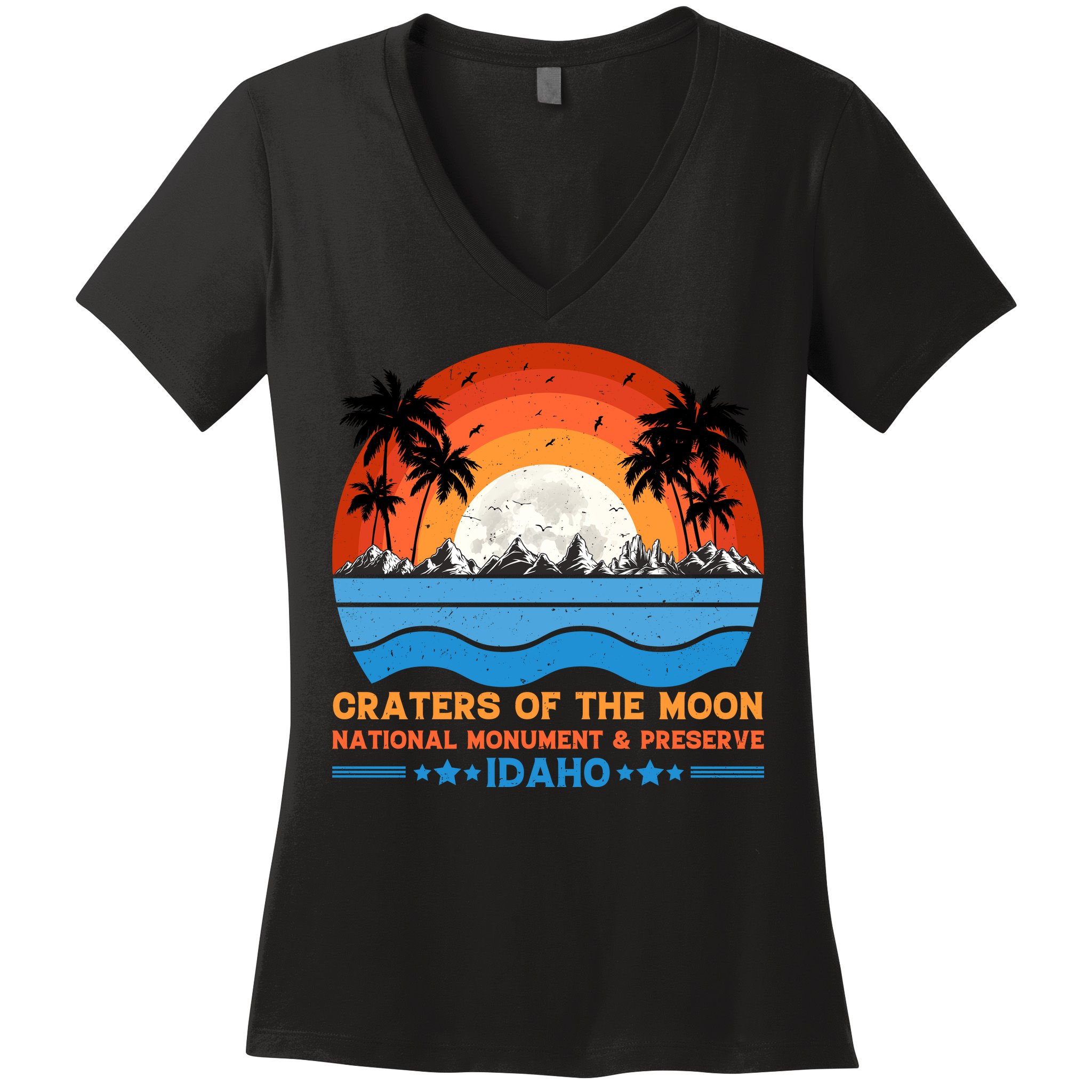 80s 90s Retro Sunset Distressed Craters Of The Moon National Monument Idaho Women's V-Neck T-Shirt