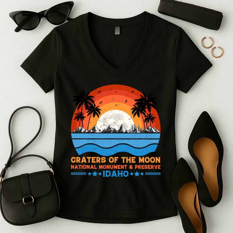 80s 90s Retro Sunset Distressed Craters Of The Moon National Monument Idaho Women's V-Neck T-Shirt