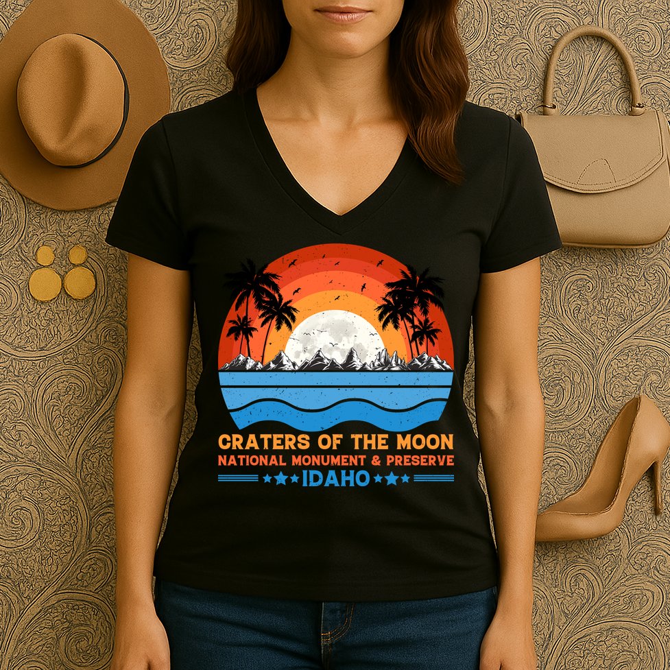 80s 90s Retro Sunset Distressed Craters Of The Moon National Monument Idaho Women's V-Neck T-Shirt