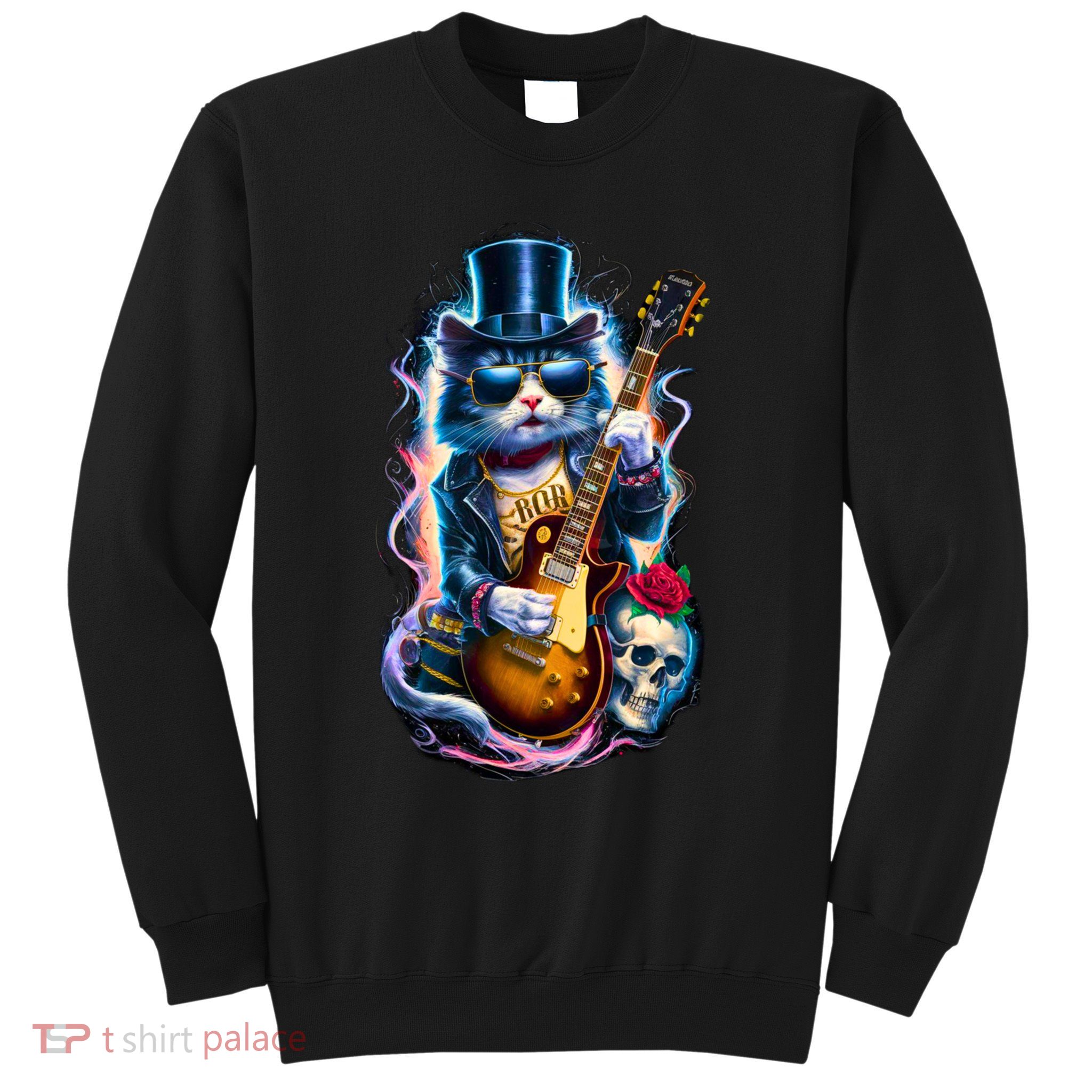 80S 90S Rock Band Concert Meaningful Gift Cat Playing Guitar Rock And Roll  Sweatshirt