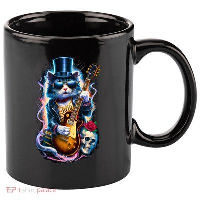80S 90S Rock Band Concert Meaningful Gift Cat Playing Guitar Rock And Roll  11oz C Handle Ceramic Mug