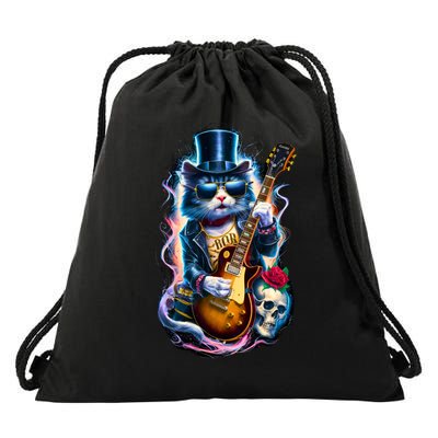 80S 90S Rock Band Concert Meaningful Gift Cat Playing Guitar Rock And Roll  Drawstring Bag