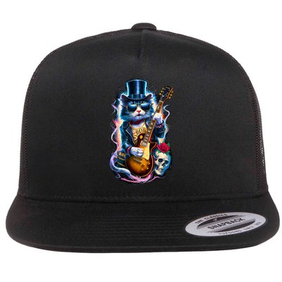 80S 90S Rock Band Concert Meaningful Gift Cat Playing Guitar Rock And Roll  Flatbill Hat