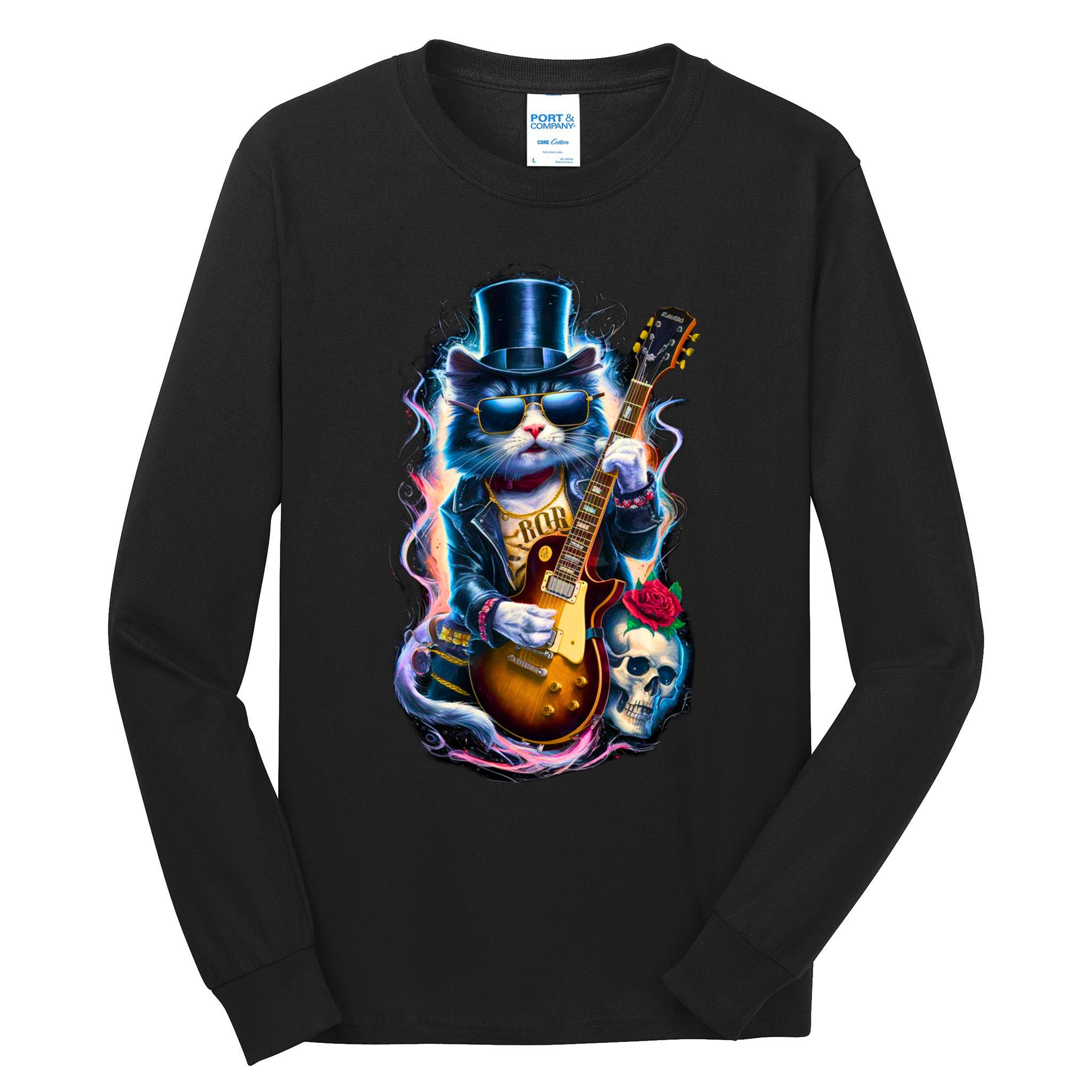 80S 90S Rock Band Concert Meaningful Gift Cat Playing Guitar Rock And Roll  Tall Long Sleeve T-Shirt