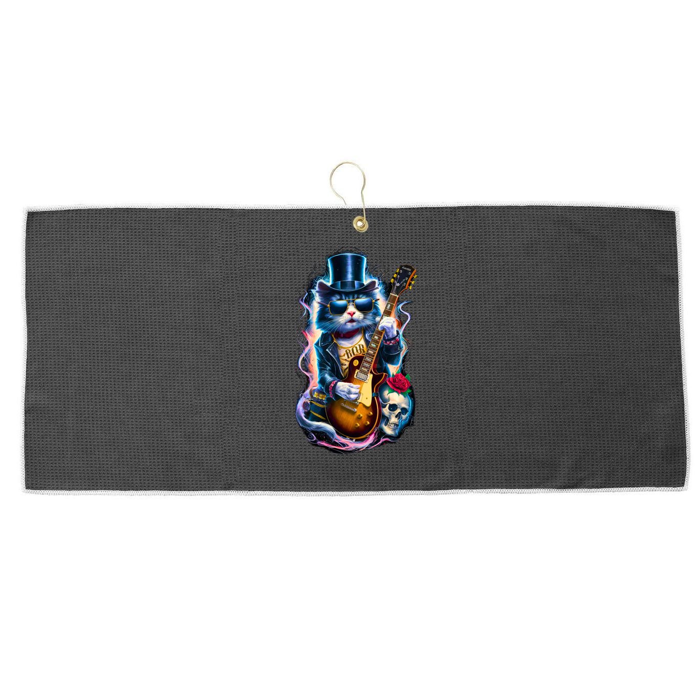 80S 90S Rock Band Concert Meaningful Gift Cat Playing Guitar Rock And Roll  Large Microfiber Waffle Golf Towel