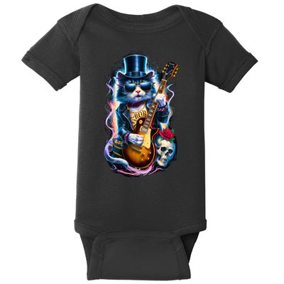80S 90S Rock Band Concert Meaningful Gift Cat Playing Guitar Rock And Roll  Baby Bodysuit
