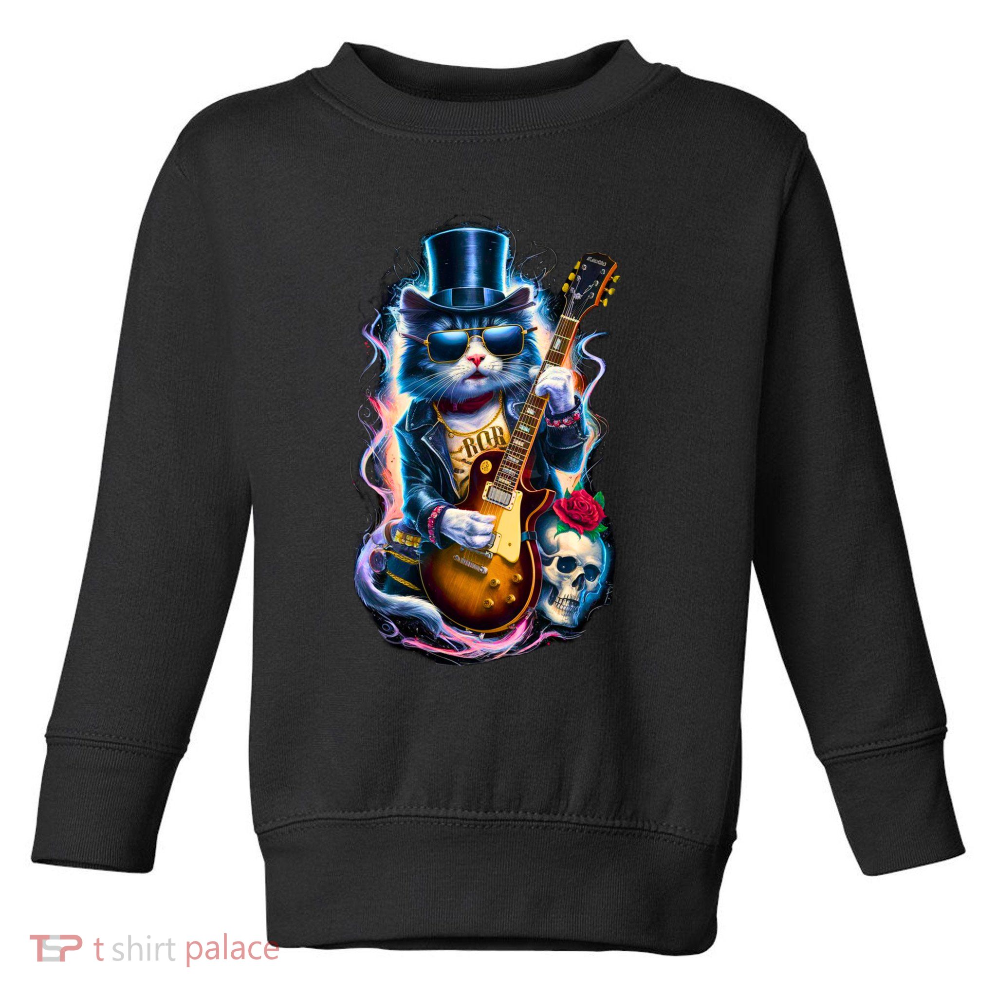 80S 90S Rock Band Concert Meaningful Gift Cat Playing Guitar Rock And Roll  Toddler Sweatshirt