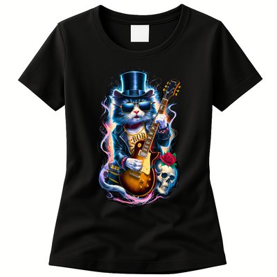 80S 90S Rock Band Concert Meaningful Gift Cat Playing Guitar Rock And Roll  Womens T-Shirt