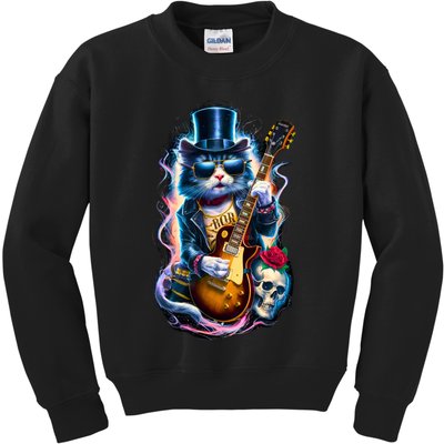 80S 90S Rock Band Concert Meaningful Gift Cat Playing Guitar Rock And Roll  Kids Sweatshirt