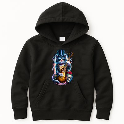 80S 90S Rock Band Concert Meaningful Gift Cat Playing Guitar Rock And Roll  Kids Hoodie